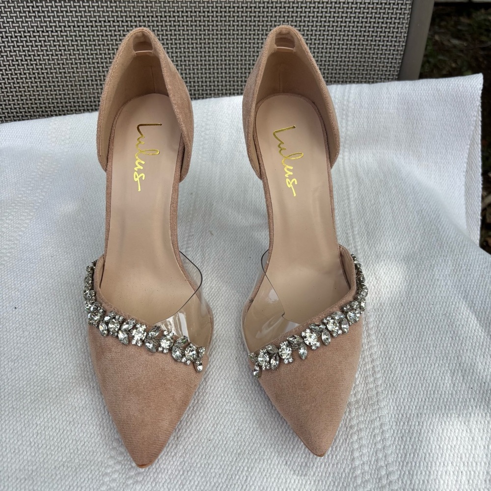 Kastra Light Nude Suede Rhinestone Pointed-Toe Pumps size 8 - Picture 2 of 10
